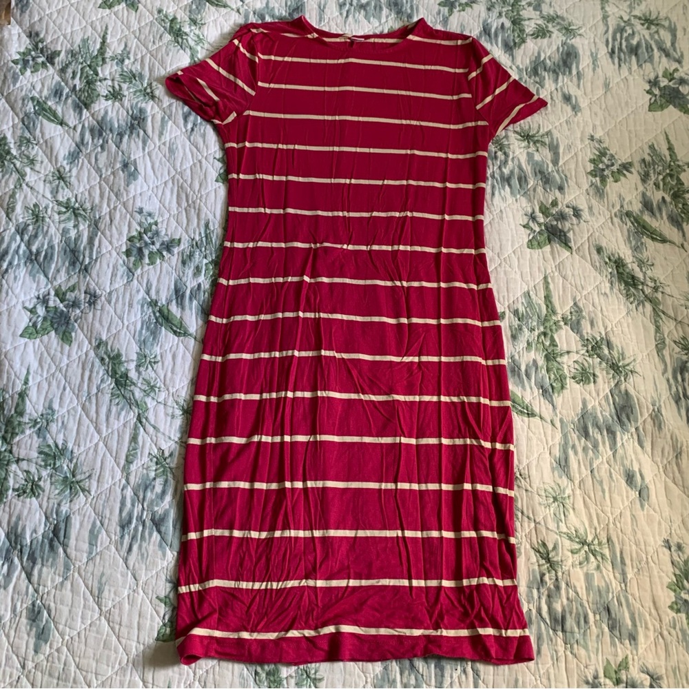 Three Dots Stripe Pink T Shirt Dress Short Sleeve M